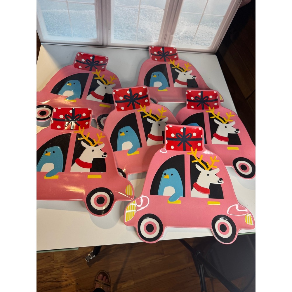 Set of Holiday Melamine Plates Penguin and Reindeer in Pink Car